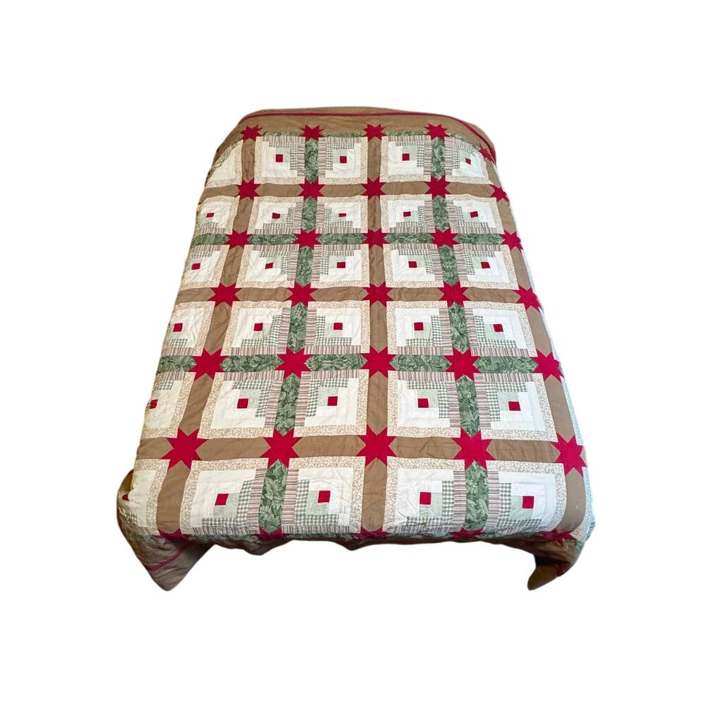 Log Cabin Block Hidden Stars VTG Handmade Patchwork Quilt Rustic Cotton Blanket